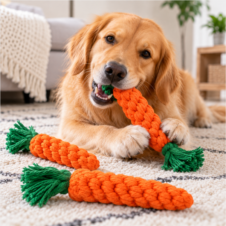 Carrot Rope Dog Chew Toy – Durable Cotton Teething & Tug Toy for Interactive Play