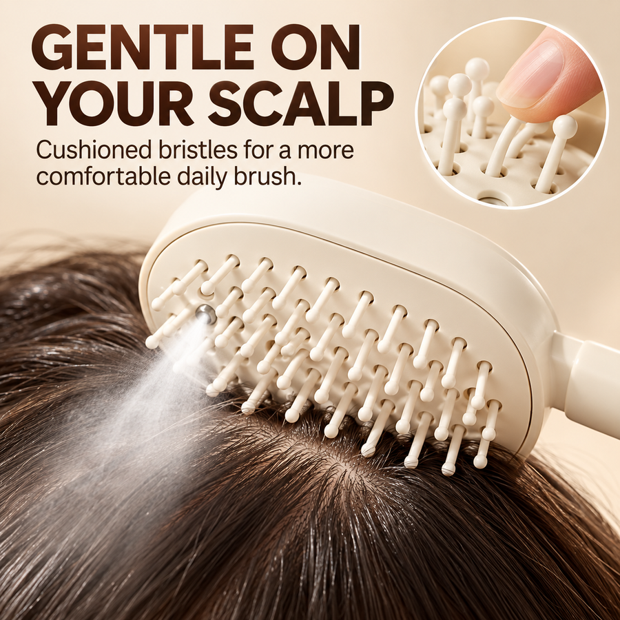 Rounded bristles and air cushion for gentle scalp massage