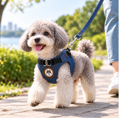 Adjustable Denim Dog Harness Vest with Leash Set – Comfortable Pet Walking Harness for Small & Medium Dogs