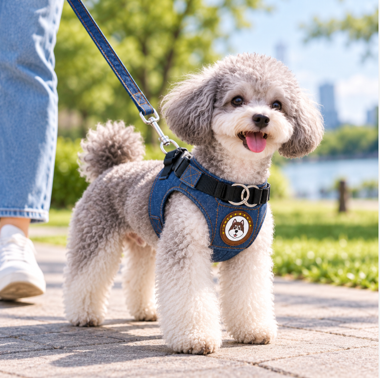 Adjustable Denim Dog Harness Vest with Leash Set – Comfortable Pet Walking Harness for Small & Medium Dogs