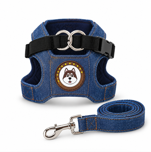 Adjustable Denim Dog Harness Vest with Leash Set – Comfortable Pet Walking Harness for Small & Medium Dogs
