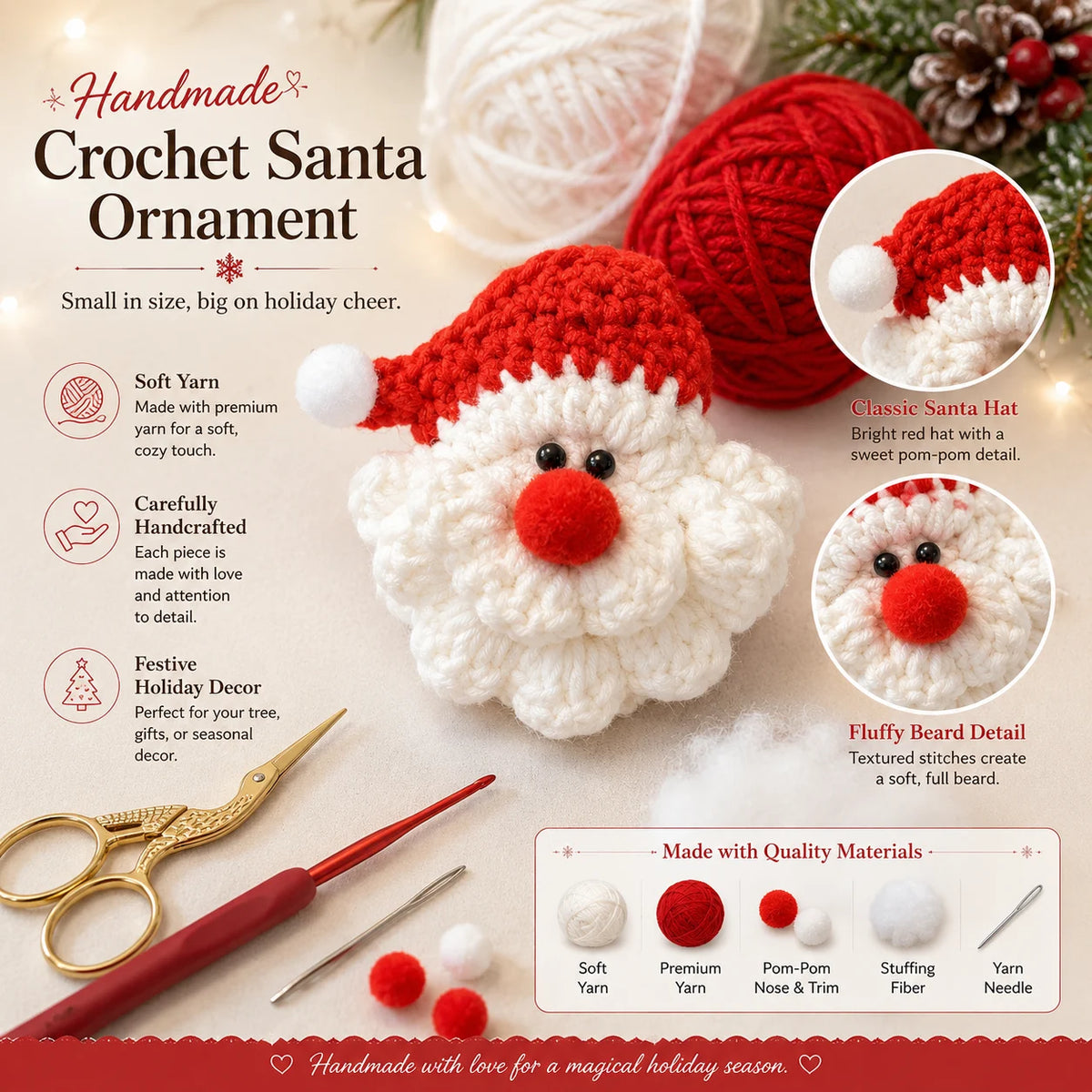 🎅100% Handmade Crochet Santa Ornament  - The Best Christmas Gift